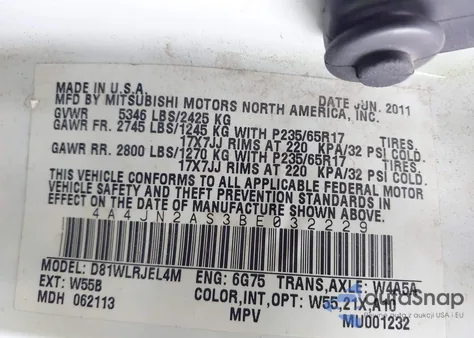 2011 Mitsubishi Endeavor from USA, damaged, VIN 4A4JN2AS3BE032229